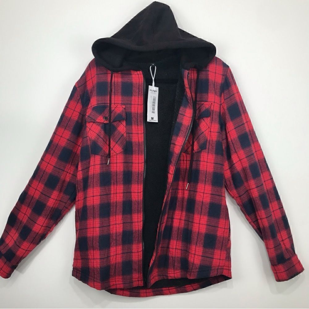 Zenthace Red Plaid Sherpa Fleece Lined Hooded Zip Up Jacket NEW